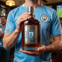 Manchester City whiskykarafa – luxus kristály italos palack, kézzel készített karafa Manchester City logóval, ideális whiskyhez, bourbonhoz, konyakhoz vagy skót whiskyhez