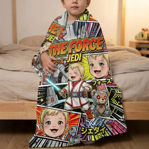 Baba sci-fi ihlette rajzfilmes plüss takaró – puha sherpa babapléd, galaktikus stílusú otthoni dekor, tökéletes ajándék babáknak