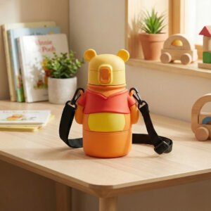 Mackó karakter ihlette gyerek kulacs – aranyos rajzfilm stílusú BPA-mentes ivópalack szívószállal