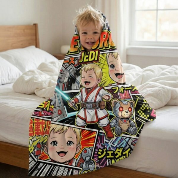 Baba sci-fi ihlette rajzfilmes plüss takaró – puha sherpa babapléd, galaktikus stílusú otthoni dekor, tökéletes ajándék babáknak