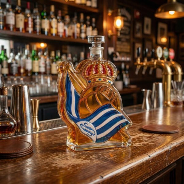 Real Sociedad ihletésű luxus kristály whiskykarafa – kézzel készített italos palack whiskyhez, bourbonhöz, konyakhoz vagy skót whiskyhez