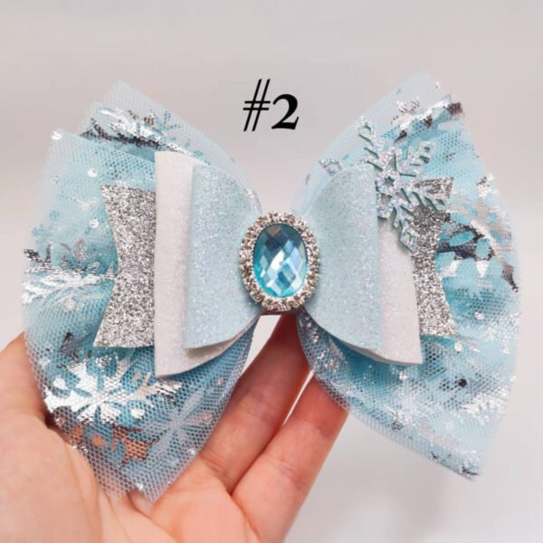 Jégkirálynő hercegnő ihlette hajcsat – csillogó glitteres hópehely, nagy 5” masni, hajklipsz lányoknak, babáknak és totyogóknak, születésnapi parti ajándék